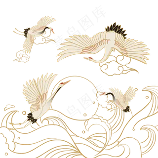 金色华丽中国古典仙鹤浪月,免抠元素