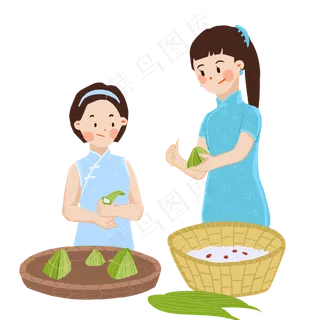 母亲和女孩在包粽子