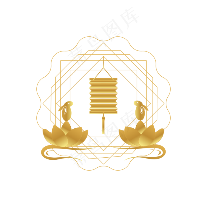 中秋节金色荷花和兔子元素