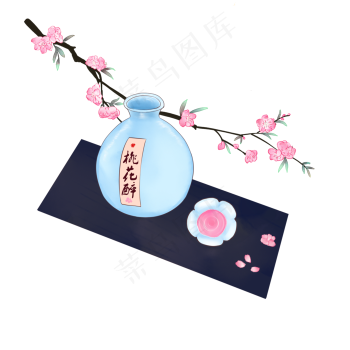 中国风手绘桃花醉桃花酿,免抠元素(2000*2000px 300 dpi )psd模版下载