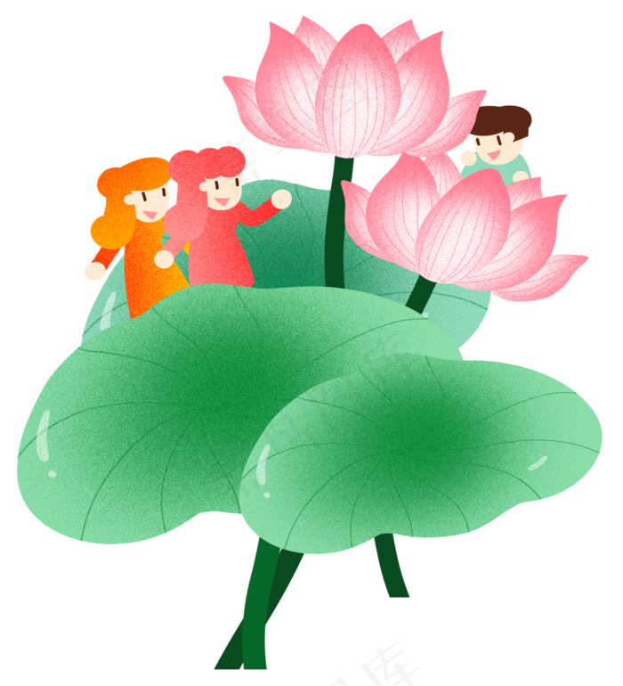 荷花荷叶夏季开花插画