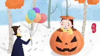 寒冷冬季感恩节小女孩和爸爸在雪地上放气球