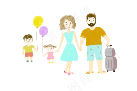 手绘六一儿童节全家拉行李箱旅游