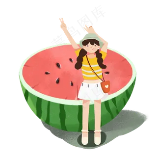 大暑清凉女孩站在西瓜旁PNG素材
