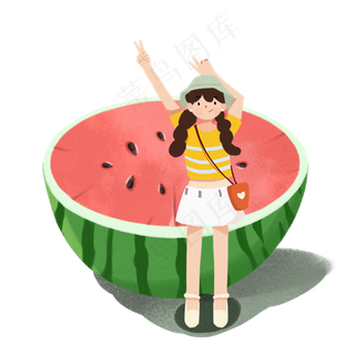 大暑清凉女孩站在西瓜旁PNG素材