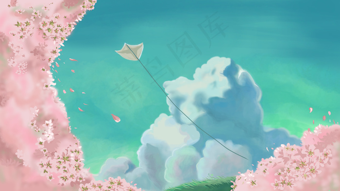 天空杏花云朵放风筝(2880X1620(DPI:300))psd模版下载