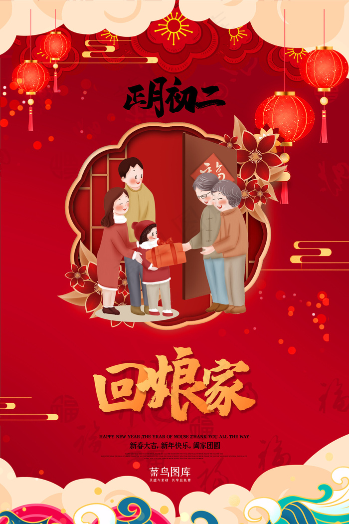 新年春节大年初二红色中国风海报