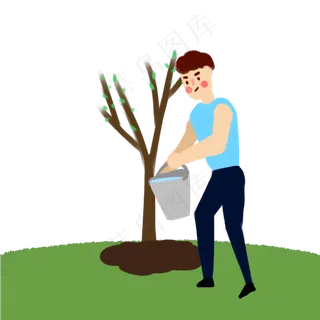 在植树节种树并浇水的男生