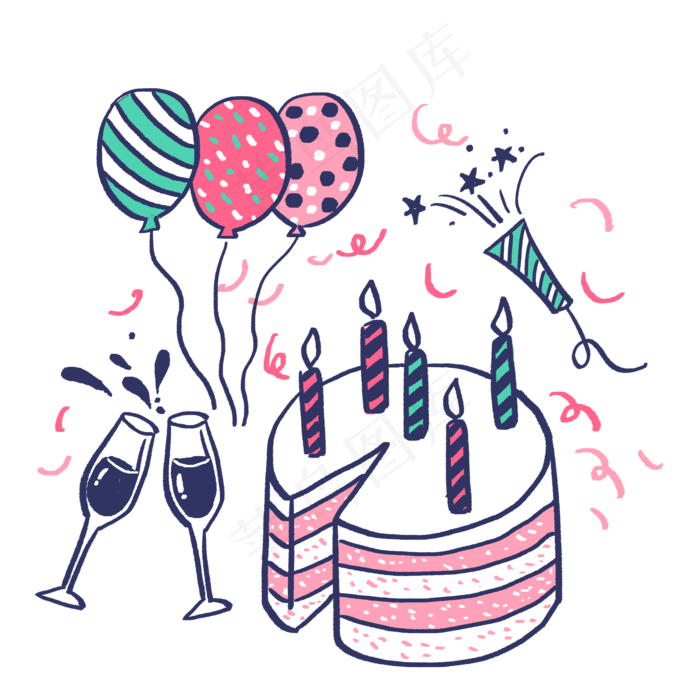 手绘粉色系生日蛋糕和气球PNG免抠