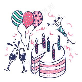 手绘粉色系生日蛋糕和气球PNG免抠