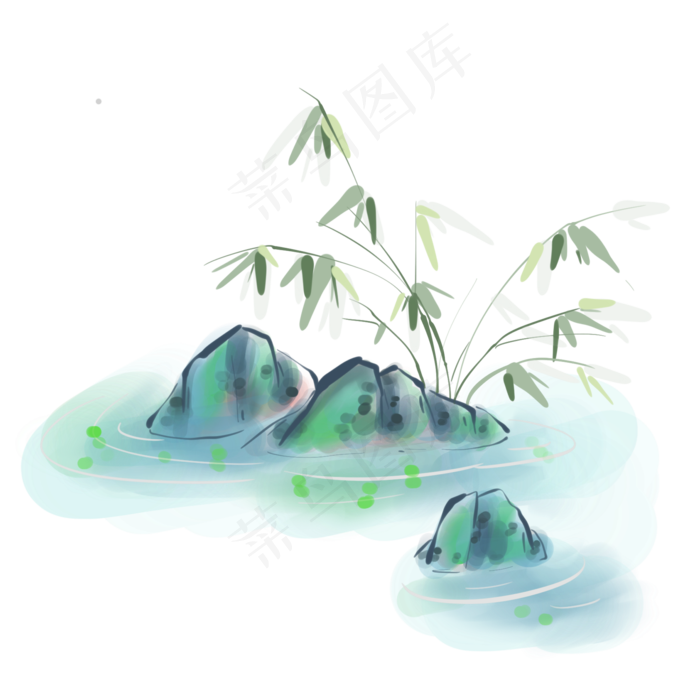 中国风水墨植物和小溪,免抠元素(2000X2000(DPI:300))psd模版下载