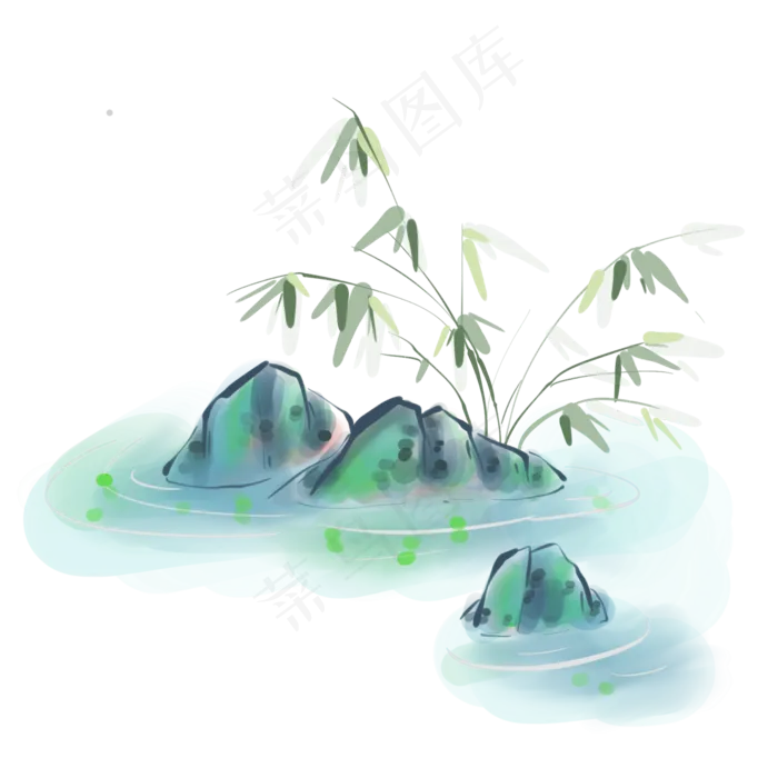中国风水墨植物和小溪,免抠元素(2000X2000(DPI:300))psd模版下载