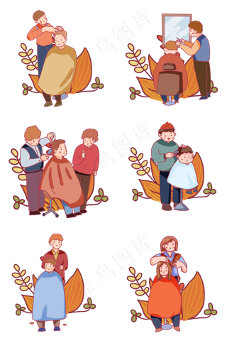 手绘卡通二月二龙抬头剪头发套图,免抠元素