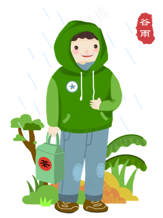 谷雨淋雨的小男孩