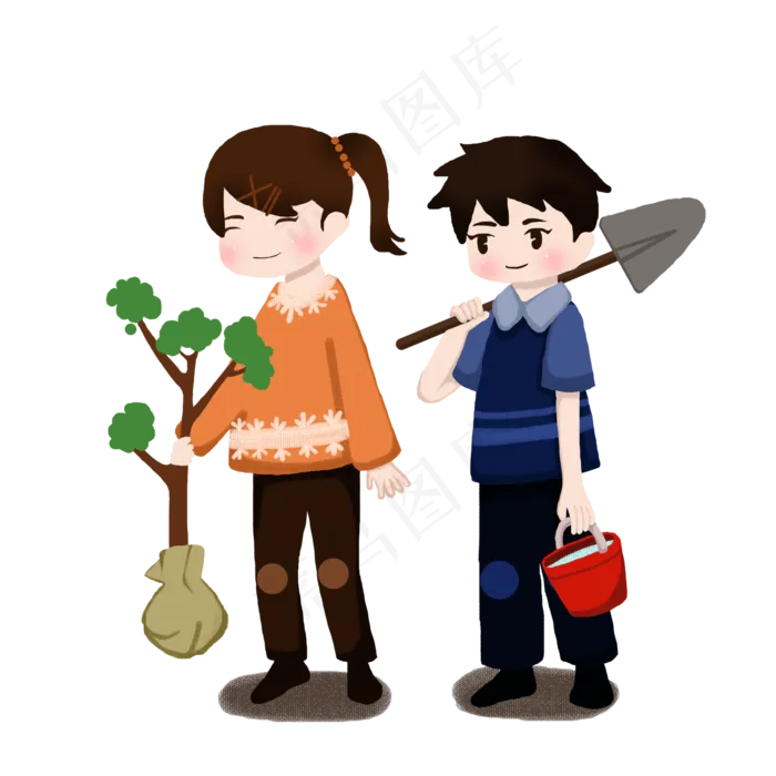 手绘植树节男孩和女孩开心植树(2000X2000(DPI:300))psd模版下载