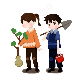 手绘植树节男孩和女孩开心植树
