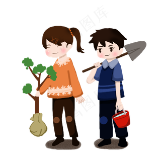 手绘植树节男孩和女孩开心植树