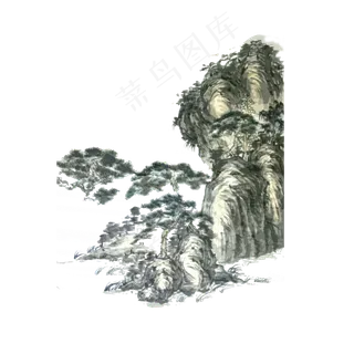 水墨国画传统PNG山石松柏