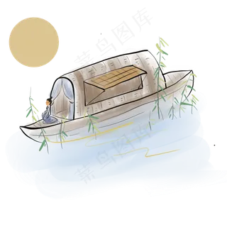 中国风船上赏月的古人,免抠元素