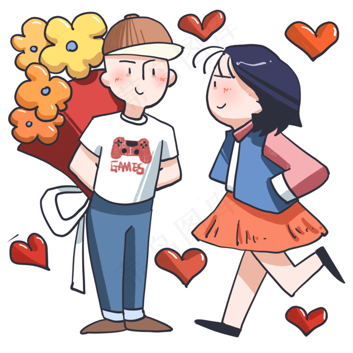 新年人物和鲜花插画