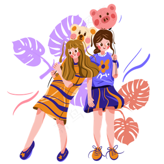 儿童节举着可爱气球的两个姐妹