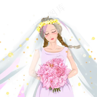 唯美手绘手拿捧花的女生人物形象,免抠元素