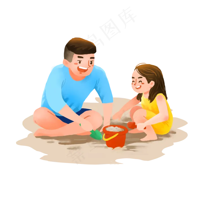 爸爸和女儿沙滩开心玩沙子(2000X2000(DPI:300))psd模版下载