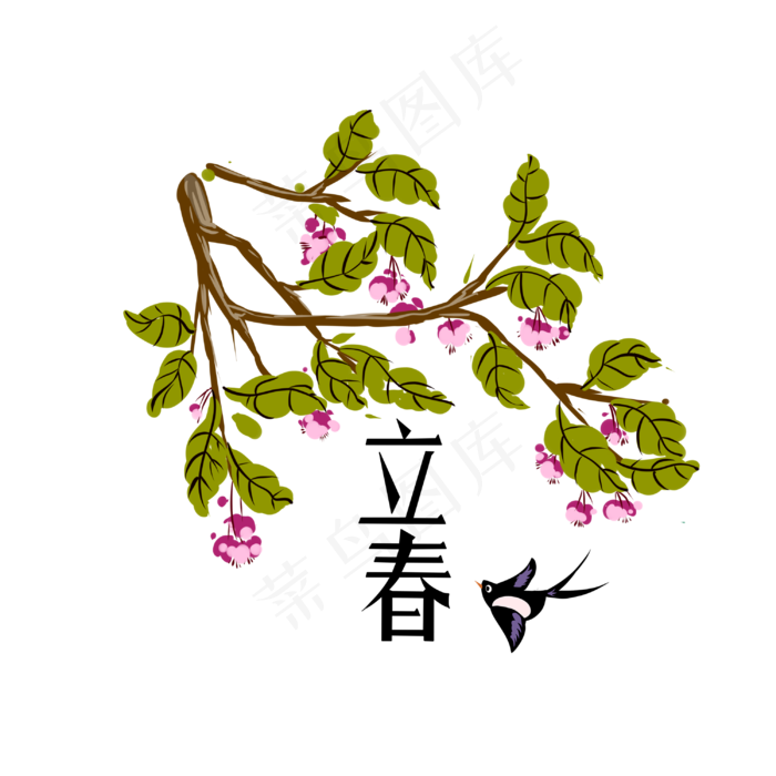 小清新立春燕子海棠装饰手绘插画,免抠元素