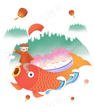 手绘唯美新春元宵节坐在锦鲤上拿