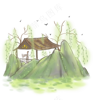 清明节古风亭子里的古人,免抠元素