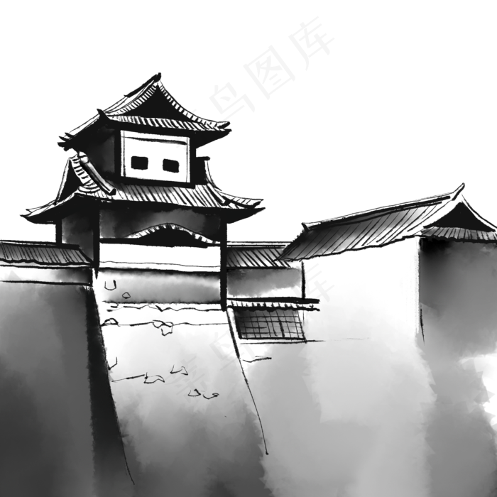 水墨城楼房子,免抠元素(2000*2000px 300 dpi )psd模版下载