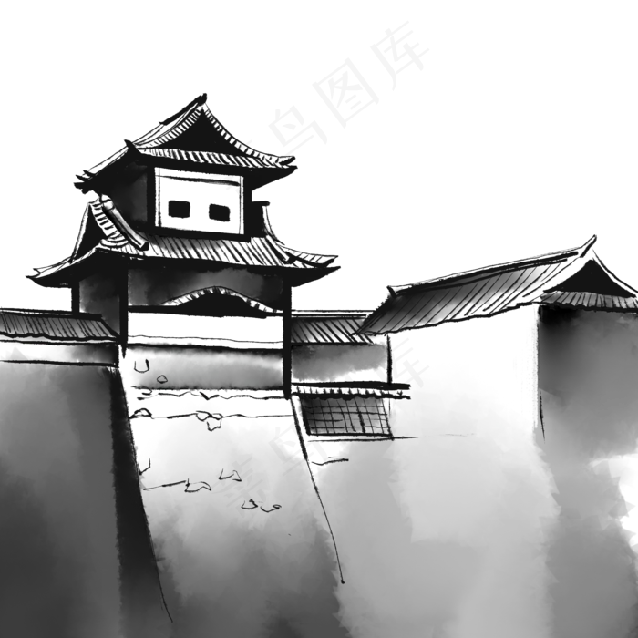 水墨城楼房子,免抠元素(2000*2000px 300 dpi )psd模版下载