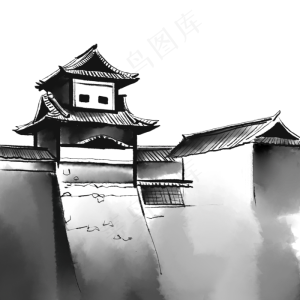 水墨城楼房子,免抠元素