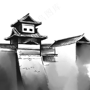 水墨城楼房子,免抠元素