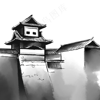 水墨城楼房子,免抠元素