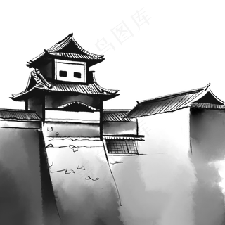 水墨城楼房子,免抠元素