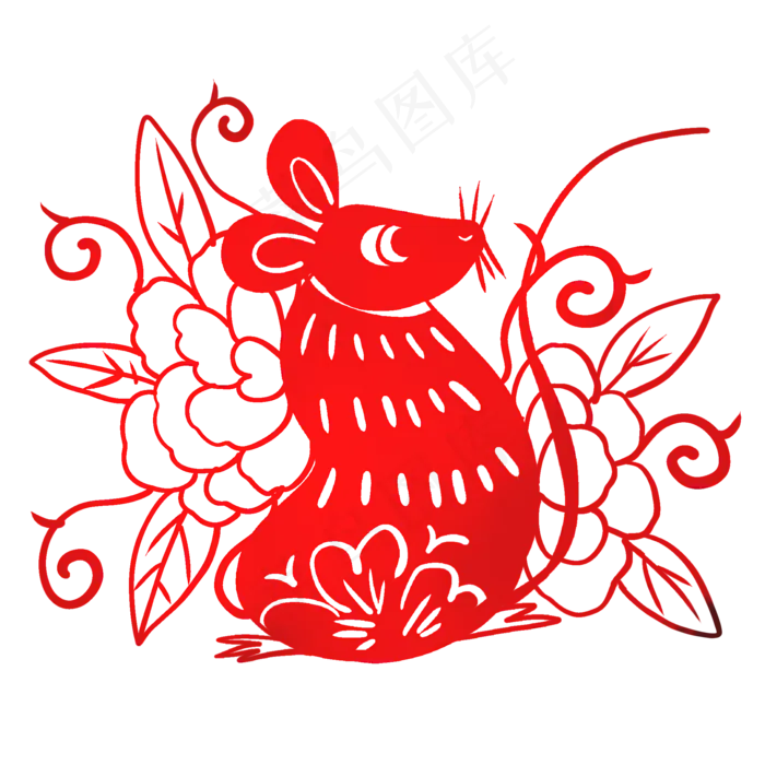 鼠年红色剪纸,免抠元素(2000X2000)