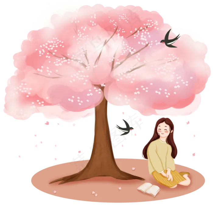 樱花少女燕子树下春天烂漫PNG粉色