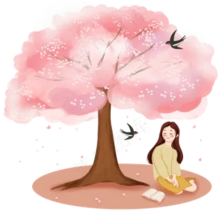 樱花少女燕子树下春天烂漫PNG粉色