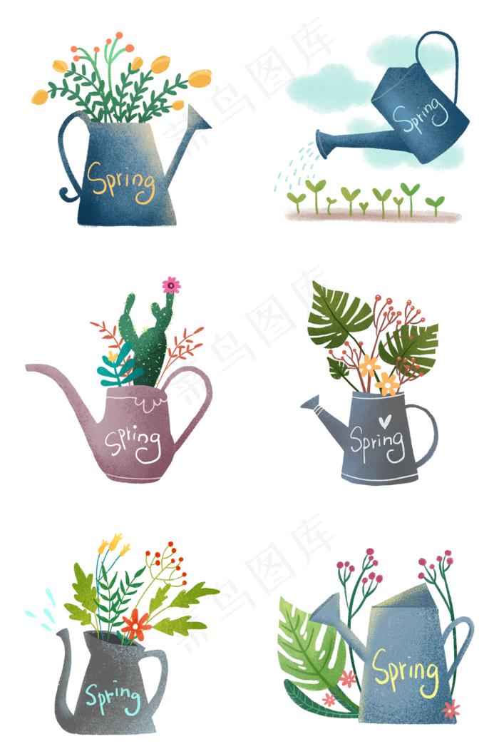 植树节文艺水壶和植物组图PNG免抠(2000X3020(DPI:300))psd模版下载