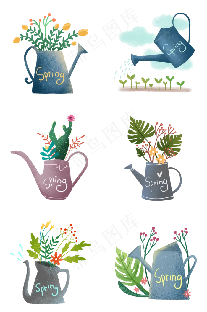 植树节文艺水壶和植物组图PNG免抠(2000X3020(DPI:300))psd模版下载