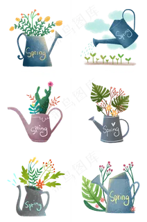 植树节文艺水壶和植物组图PNG免抠