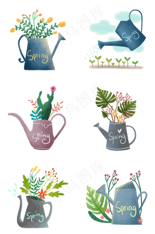植树节文艺水壶和植物组图PNG免抠