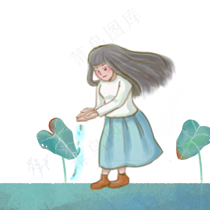 春天植树的卡通女孩