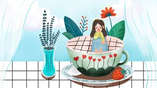 早安早餐咖啡杯少女花丛中起床