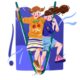 儿童节踩绳子玩耍的两个女孩