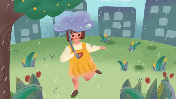 卡通可爱女孩绿色二十四节气谷雨配图