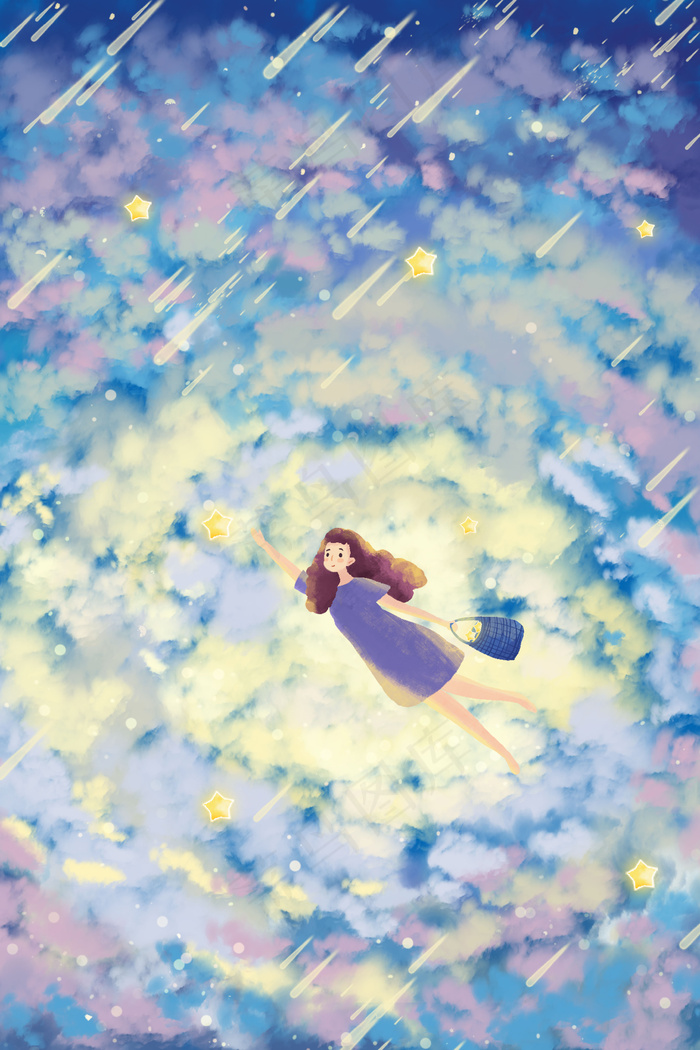 女孩在星空中摘星星治愈系(3545*5315px 300 dpi )psd模版下载