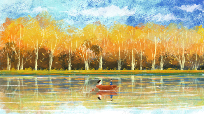 秋天游湖泛舟风景油画(2880*1620px 300 dpi )