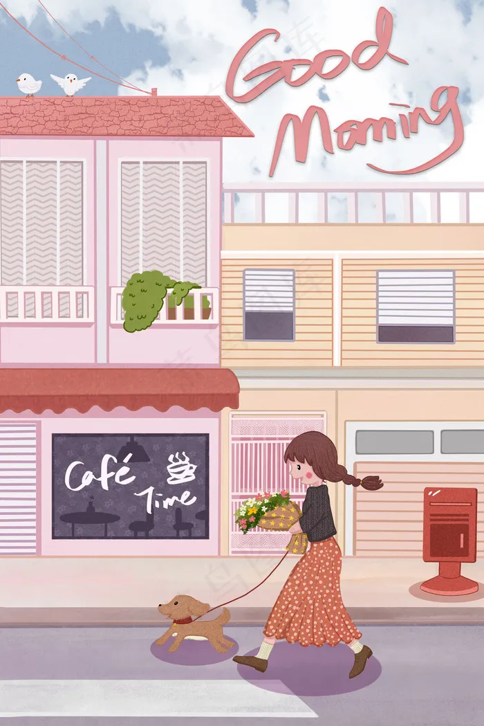 夏季早安粉色少女散步街头卡通扁平配图(3545*5315px 300 dpi )psd模版下载